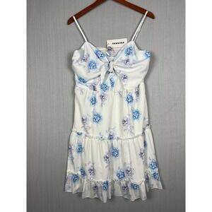 Romantic Cottagecore Mini Dress Womens XL‎ White Blue Floral Tie Front NWT
